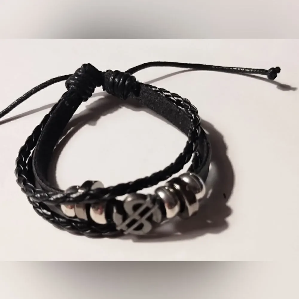 Men's bracelet leather‎ money layered braided black new d66